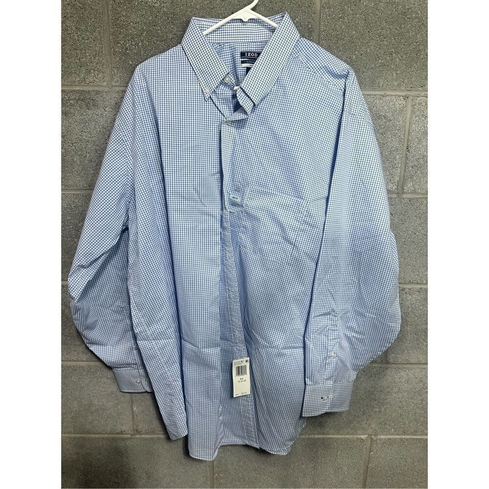 IZOD Men's White Blue Check Button Up Long Sleeve Shirt Big Fit